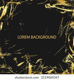 Black texture lorem background, banner, cover design. Marble texture. Abstract decorative 3d pattern with spots, cracks, scratches, abrasions. Golden grunge overlay layer, premium design.