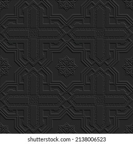 Schwarz strukturierte 3D-Vektorgrafik nahtloses Muster. Eingeprägter griechischer Hintergrund im Stammesstil. Wiederholen Sie die geometrische Oberflächenhintergrund mit Reliefkreuzen, Sternen, griechischen Mäandern. Dunkelschwarze 3D-Ornamente.