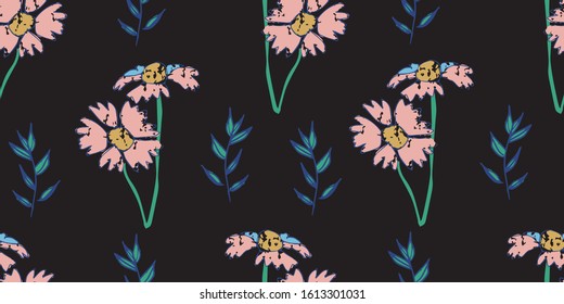 black textured abstract botanical florals seamless vector pattern. vintage inspired