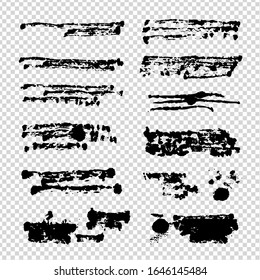Black textured abstract brush strokes isolated on imitation transparent background