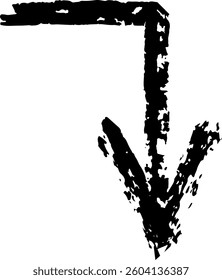 Black textured arrow pointing down, hand drawn with chalk on a white background, creating a rough and authentic look, ideal for design projects needing a touch of handmade style