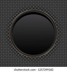black textured background with round banner