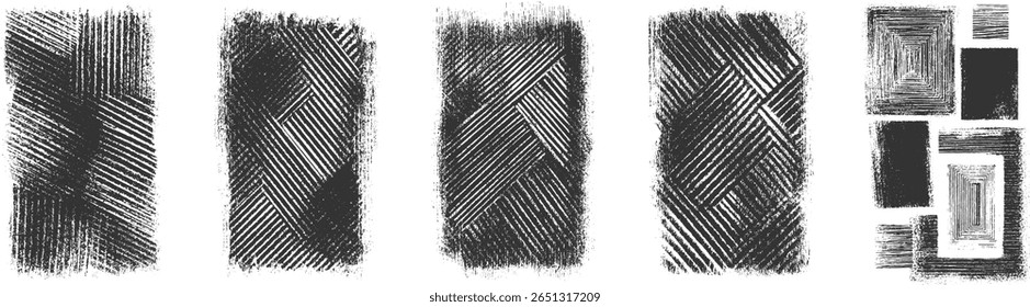 Black textured brush strokes and geometric shapes on a white background.