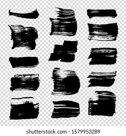 Black textured brushstrokes of different shapes isolated on imitation transparent background