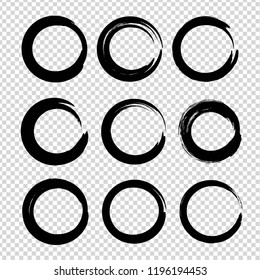 Black textured circle smears set isolated on imitation transparent background