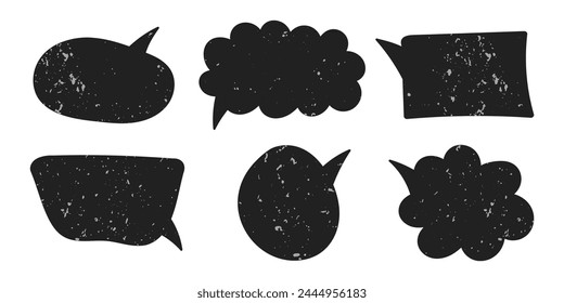 Black textured doodle speech bubbles isolated on white background. Hand drawn vintage vector elements, frames, pop-up text clouds, dialogue.