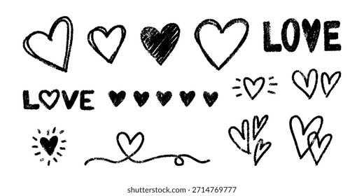 Elementos texturizados pretos relacionados ao amor. Inclui vários corações de giz de giz desenhados à mão e palavra LOVE no estilo rabiscar rabiscar. Perfeito para o Dia dos Namorados, casamentos, temas românticos.