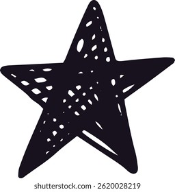 Black textured five pointed star representing rating, quality, achievement, success, feedback, and customer satisfaction, hand drawn with a marker, isolated on a white background