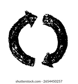 black textured grunge sync icon, two arrows in a circle, Rotate up icon - hand drawn line art