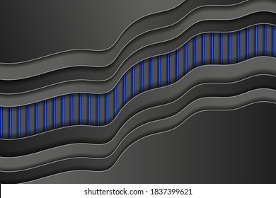 Black textured layers. Abstract background with paper cut shapes and blue neon stripes. Vector EPS10