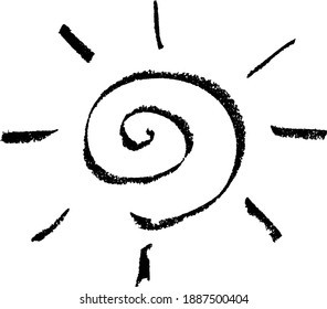 Black textured line in spiral sun with light ray shape on white background