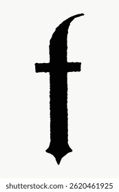 Una 'f' negra, texturizada y en minúsculas que se asemeja a una cruz, sobre un fondo blanco. El diseño es atrevido y llamativo, con un toque artístico único. Fuente de Antiguas Vector aislado.