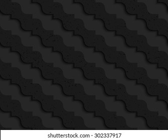 Black textured plastic diagonal pointy waves. Seamless abstract geometrical pattern with 3d effect. Background with realistic shadows and layering.