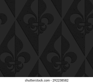 Black textured plastic Fleur-de-lis half and half.Seamless abstract geometrical pattern with 3d effect. Background with realistic shadows and layering.