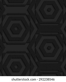 Black textured plastic striped hexagons.Seamless abstract geometrical pattern with 3d effect. Background with realistic shadows and layering.