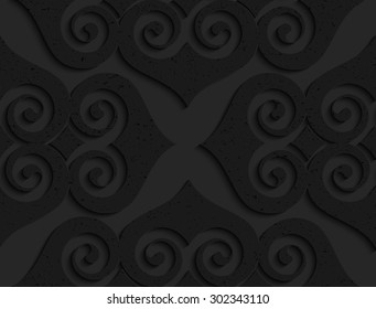 Black textured plastic swirly hearts. Seamless abstract geometrical pattern with 3d effect. Background with realistic shadows and layering.