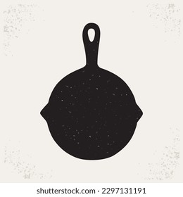 Black textured skillet, Modern vintage style kitchenware illustration.	