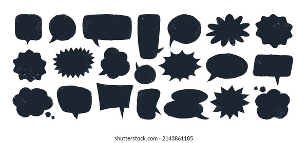 Burbujas de habla con textura negra, globos de charla en blanco en varias formas. Silueta de burbuja de nube cómica, globo de diálogo vacío, conjunto de iconos de mensaje de conversación de contorno