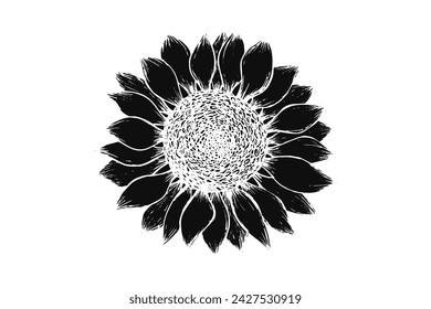 Black textured vector linocut sunflower blossom with seeds. Hand drawn sketch illustration of sun flower for scandi botanical pattern design, folk art block print greeting card decoration