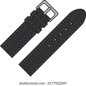 Black textured watch strap with silver buckle. Flat design digital illustration. Fashion accessory and wristwatch concept for design and print