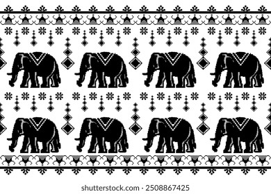 Borda de elefante preto tailandês, padrão étnico de pixel, ornamento, estilo tradicional tailandês, design de ilustração para fundo, tapete, envoltório, têxtil, seda, tecido, calças