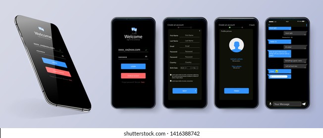 Black Theme Design Of Mobile Application User Interface Screen . Mobile Ui Kit With Welcome Window, Registration, Home Page, Concept Chat Messenger . Vector Set Of Modern UI, UX, GUI Screens And Icons