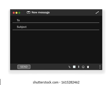 Black theme e-mail blank template internet mail frame interface for mail message. Vector