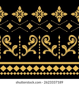 Black Theme Gold Blossom Border and Frame in Byzantine Style Geometric Combine Scroll Ornament Seamless Pattern. Ethnic Motif Luxury Design for Ceramic Tiles Mosaic Embroidery Lace Card Prints Carpet 
