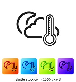 Black Thermometer and cloud with moon icon isolated on white background. Set icons in color square buttons. Vector Illustration