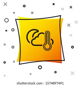 Black Thermometer and cloud with moon icon isolated on white background. Yellow square button. Vector Illustration