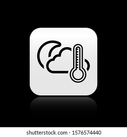 Black Thermometer and cloud with moon icon isolated on black background. Silver square button. Vector Illustration