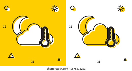 Black Thermometer and cloud with moon icon isolated on yellow and white background. Random dynamic shapes. Vector Illustration