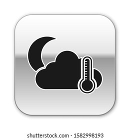 Black Thermometer and cloud with moon icon isolated on white background. Silver square button. Vector Illustration