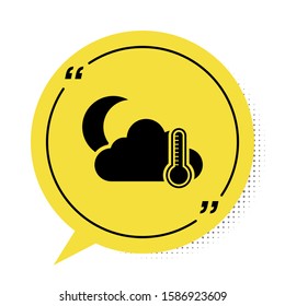 Black Thermometer and cloud with moon icon isolated on white background. Yellow speech bubble symbol. Vector Illustration