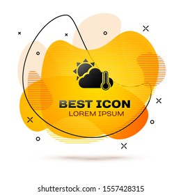 Black Thermometer and cloud with sun icon isolated on white background. Abstract banner with liquid shapes. Vector Illustration