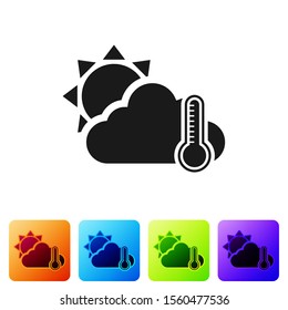 Black Thermometer and cloud with sun icon isolated on white background. Set icons in color square buttons. Vector Illustration