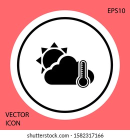 Black Thermometer and cloud with sun icon isolated on red background. White circle button. Vector Illustration