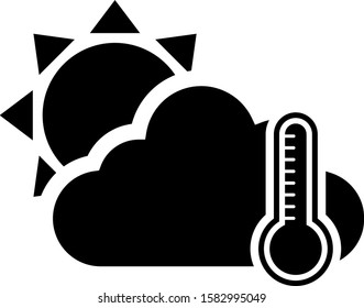 Black Thermometer and cloud with sun icon isolated on white background.  Vector Illustration