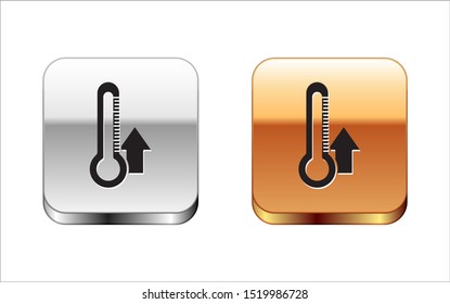 Black Thermometer icon isolated on white background. Silver-gold square button. Vector Illustration