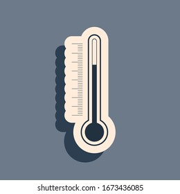 Black Thermometer icon isolated on grey background. Long shadow style. Vector Illustration