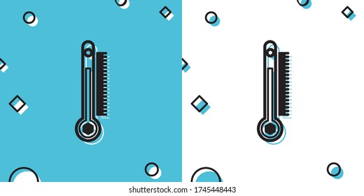 Black Thermometer with scale measuring heat and cold, with sun and snowflake icon isolated on blue and white background. Random dynamic shapes. Vector Illustration