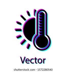 Black Thermometer with sun icon isolated on white background.  Vector Illustration