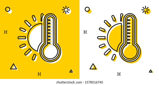 Black Thermometer with sun icon isolated on yellow and white background. Random dynamic shapes. Vector Illustration