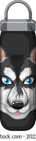 A black thermos bottle with siberian husky pattern illustration