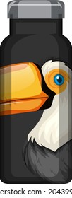 A black thermos bottle with toucan bird pattern illustration