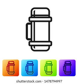 Black Thermos container icon isolated on white background. Thermo flask icon. Camping and hiking equipment. Set icons in color square buttons. Vector Illustration