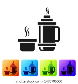 Black Thermos container icon isolated on white background. Thermo flask icon. Camping and hiking equipment. Set icons in color square buttons. Vector Illustration