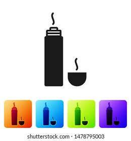 Black Thermos container icon isolated on white background. Thermo flask icon. Camping and hiking equipment. Set icons in color square buttons. Vector Illustration