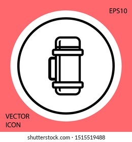 Black Thermos container icon isolated on red background. Thermo flask icon. Camping and hiking equipment. White circle button. Vector Illustration