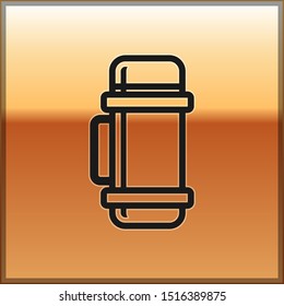 Black Thermos container icon isolated on gold background. Thermo flask icon. Camping and hiking equipment.  Vector Illustration